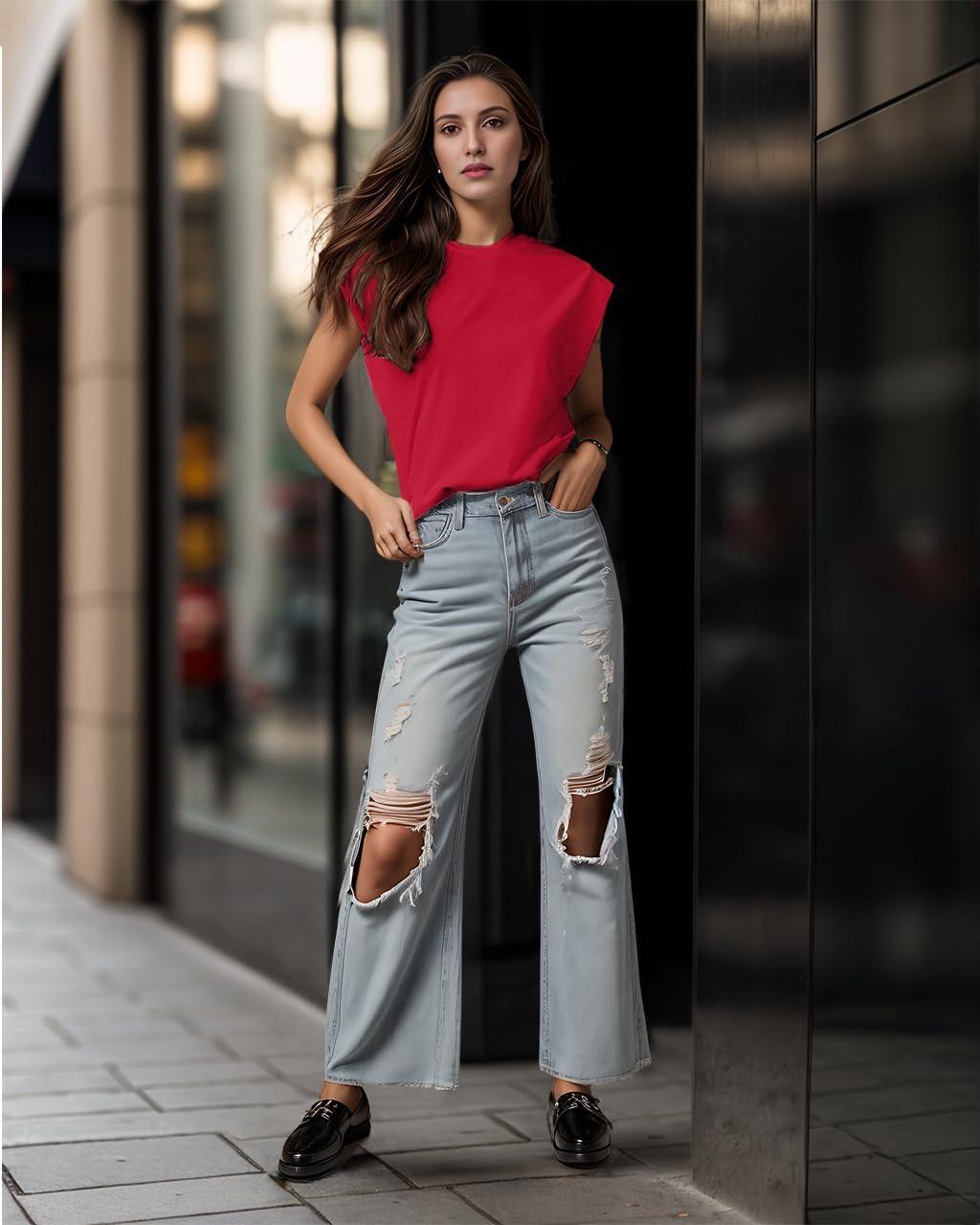 imageGRECERELLE Women 2026 Cap Sleeve Tops Summer Casual Tee Shirt Loose Crew Neck Basic Tank Trendy Work Vacation Outfits S2XLRed
