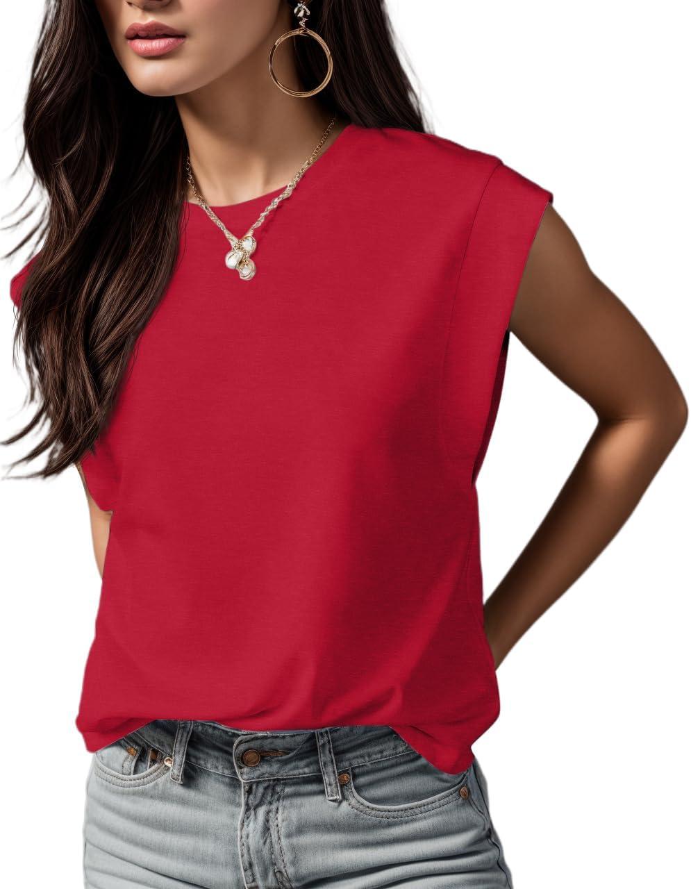 imageGRECERELLE Women 2026 Cap Sleeve Tops Summer Casual Tee Shirt Loose Crew Neck Basic Tank Trendy Work Vacation Outfits S2XLRed