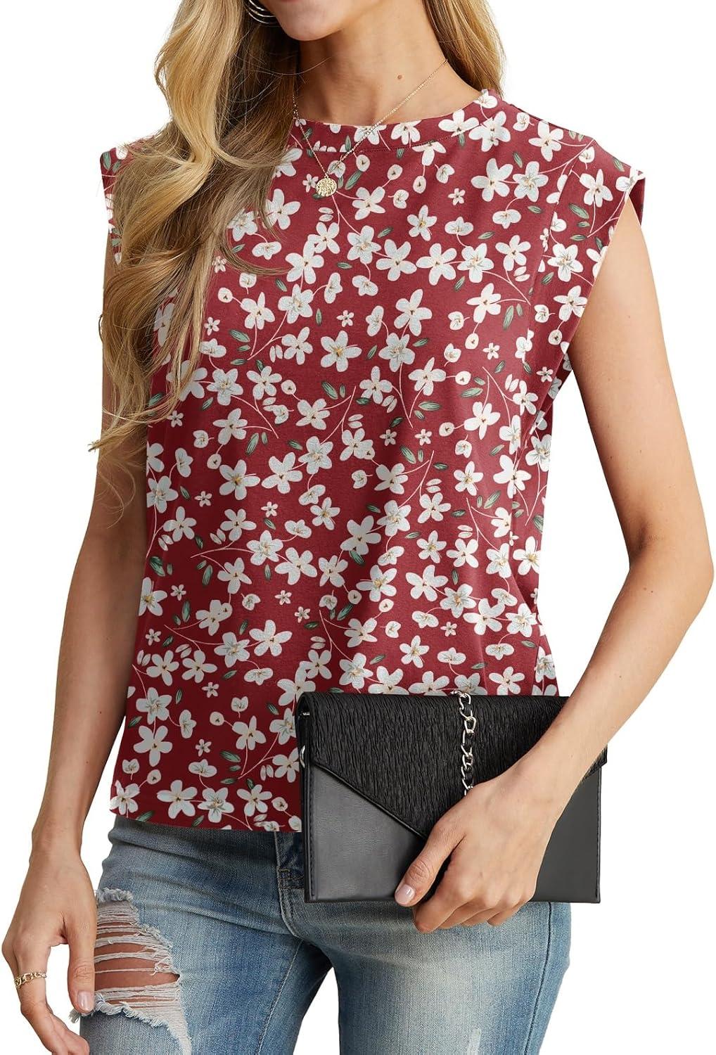 imageGRECERELLE Women 2026 Cap Sleeve Tops Summer Casual Tee Shirt Loose Crew Neck Basic Tank Trendy Work Vacation Outfits S2XLRed Sunflower
