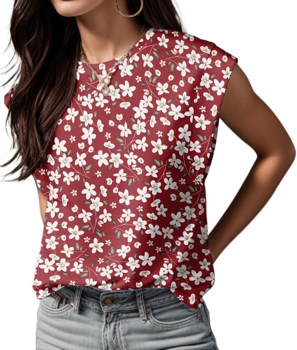 imageGRECERELLE Women 2026 Cap Sleeve Tops Summer Casual Tee Shirt Loose Crew Neck Basic Tank Trendy Work Vacation Outfits S2XLRed Sunflower