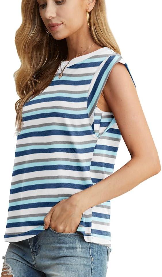 imageGRECERELLE Women 2026 Cap Sleeve Tops Summer Casual Tee Shirt Loose Crew Neck Basic Tank Trendy Work Vacation Outfits S2XLStripe Blue