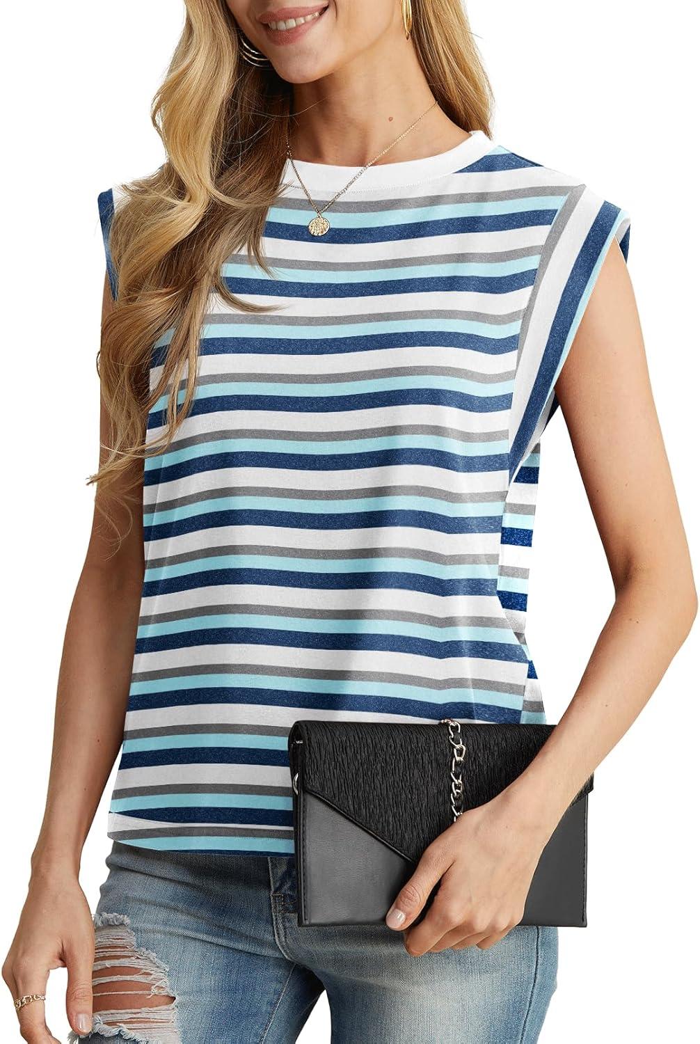 imageGRECERELLE Women 2026 Cap Sleeve Tops Summer Casual Tee Shirt Loose Crew Neck Basic Tank Trendy Work Vacation Outfits S2XLStripe Blue
