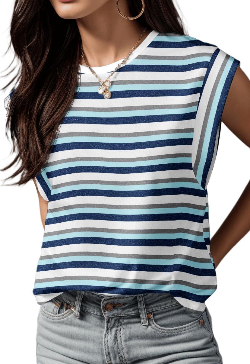 imageGRECERELLE Women 2026 Cap Sleeve Tops Summer Casual Tee Shirt Loose Crew Neck Basic Tank Trendy Work Vacation Outfits S2XLStripe Blue
