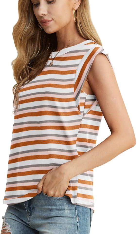imageGRECERELLE Women 2026 Cap Sleeve Tops Summer Casual Tee Shirt Loose Crew Neck Basic Tank Trendy Work Vacation Outfits S2XLStripe Brown