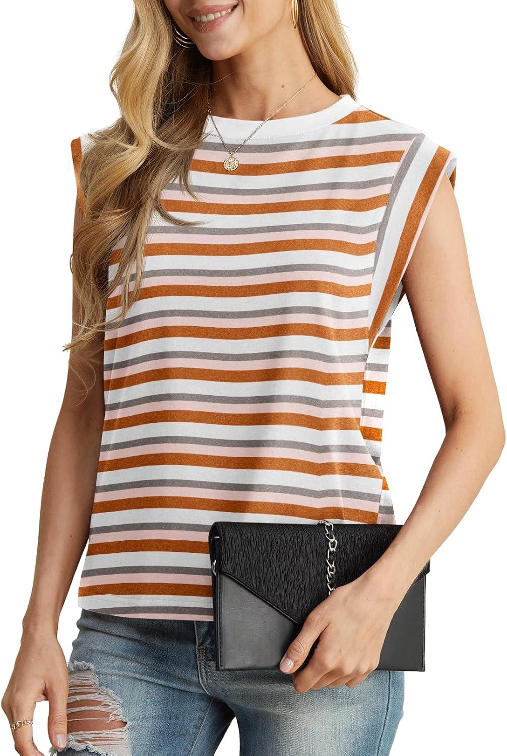 imageGRECERELLE Women 2026 Cap Sleeve Tops Summer Casual Tee Shirt Loose Crew Neck Basic Tank Trendy Work Vacation Outfits S2XLStripe Brown