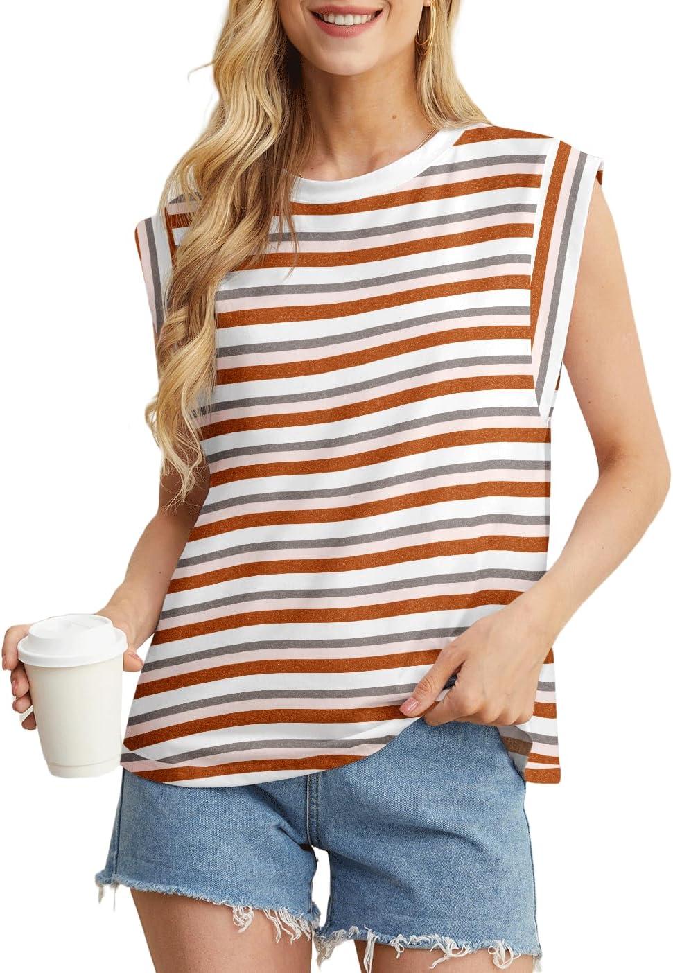 imageGRECERELLE Women 2026 Cap Sleeve Tops Summer Casual Tee Shirt Loose Crew Neck Basic Tank Trendy Work Vacation Outfits S2XLStripe Brown
