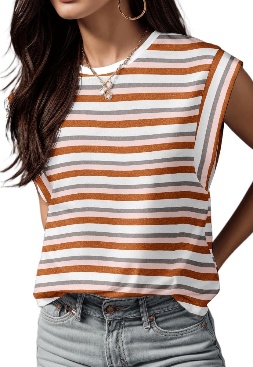 imageGRECERELLE Women 2026 Cap Sleeve Tops Summer Casual Tee Shirt Loose Crew Neck Basic Tank Trendy Work Vacation Outfits S2XLStripe Brown