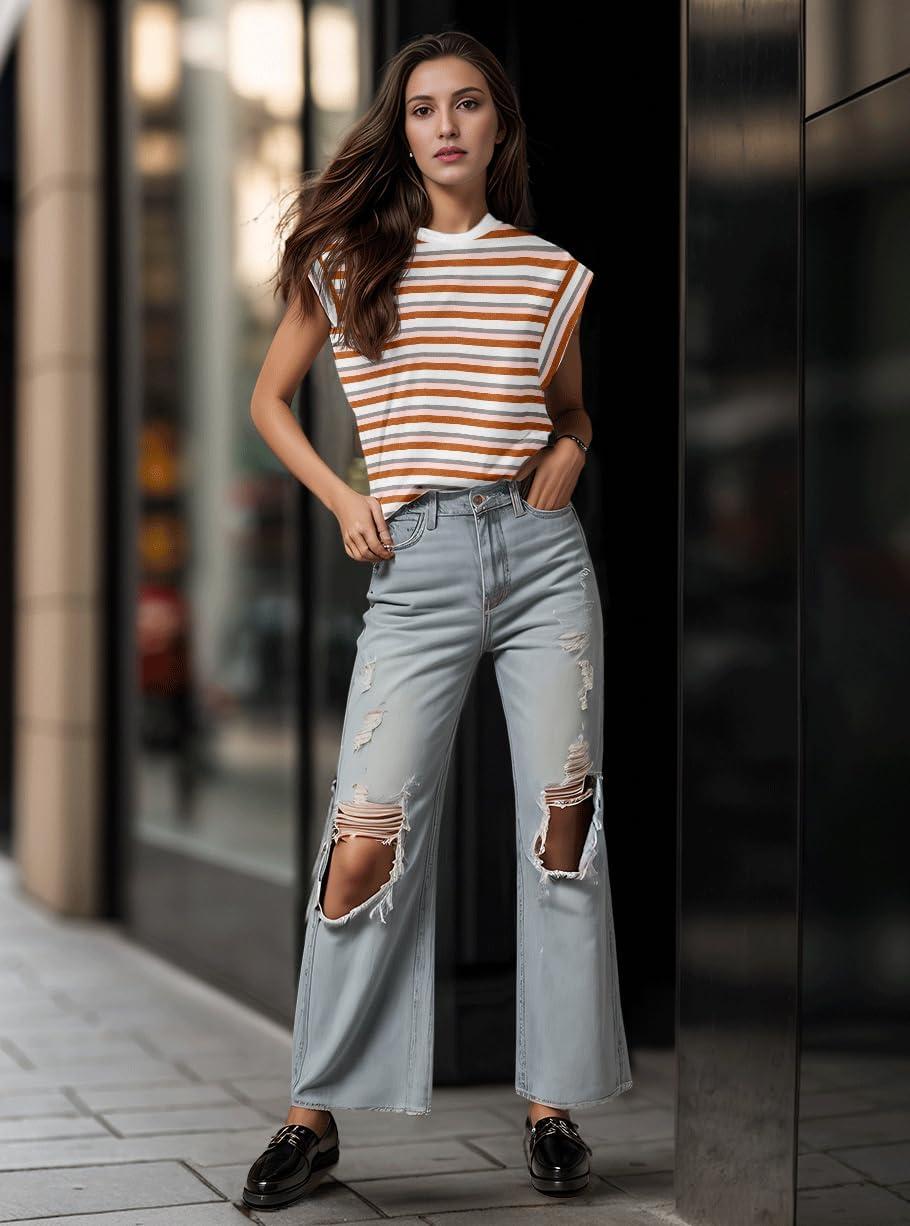 imageGRECERELLE Women 2026 Cap Sleeve Tops Summer Casual Tee Shirt Loose Crew Neck Basic Tank Trendy Work Vacation Outfits S2XLStripe Brown