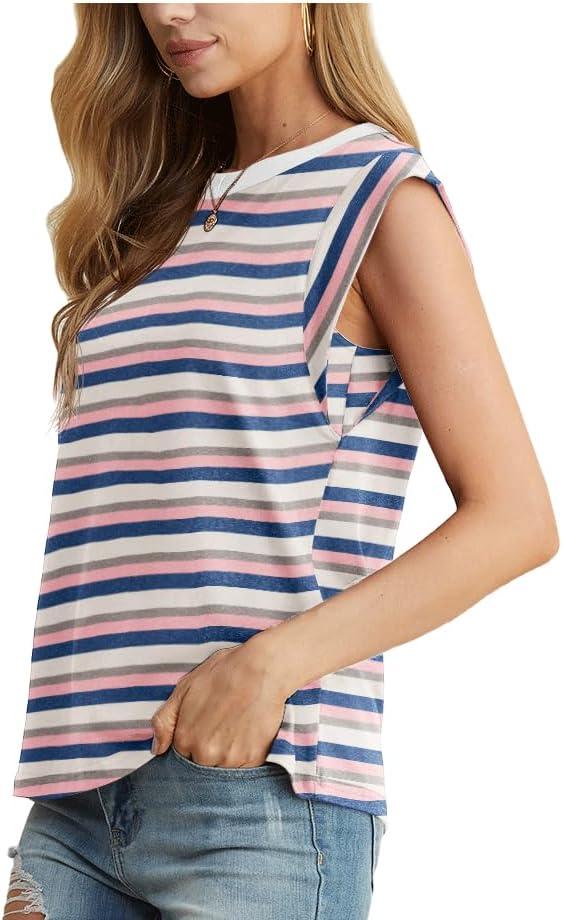imageGRECERELLE Women 2026 Cap Sleeve Tops Summer Casual Tee Shirt Loose Crew Neck Basic Tank Trendy Work Vacation Outfits S2XLStripe Pink