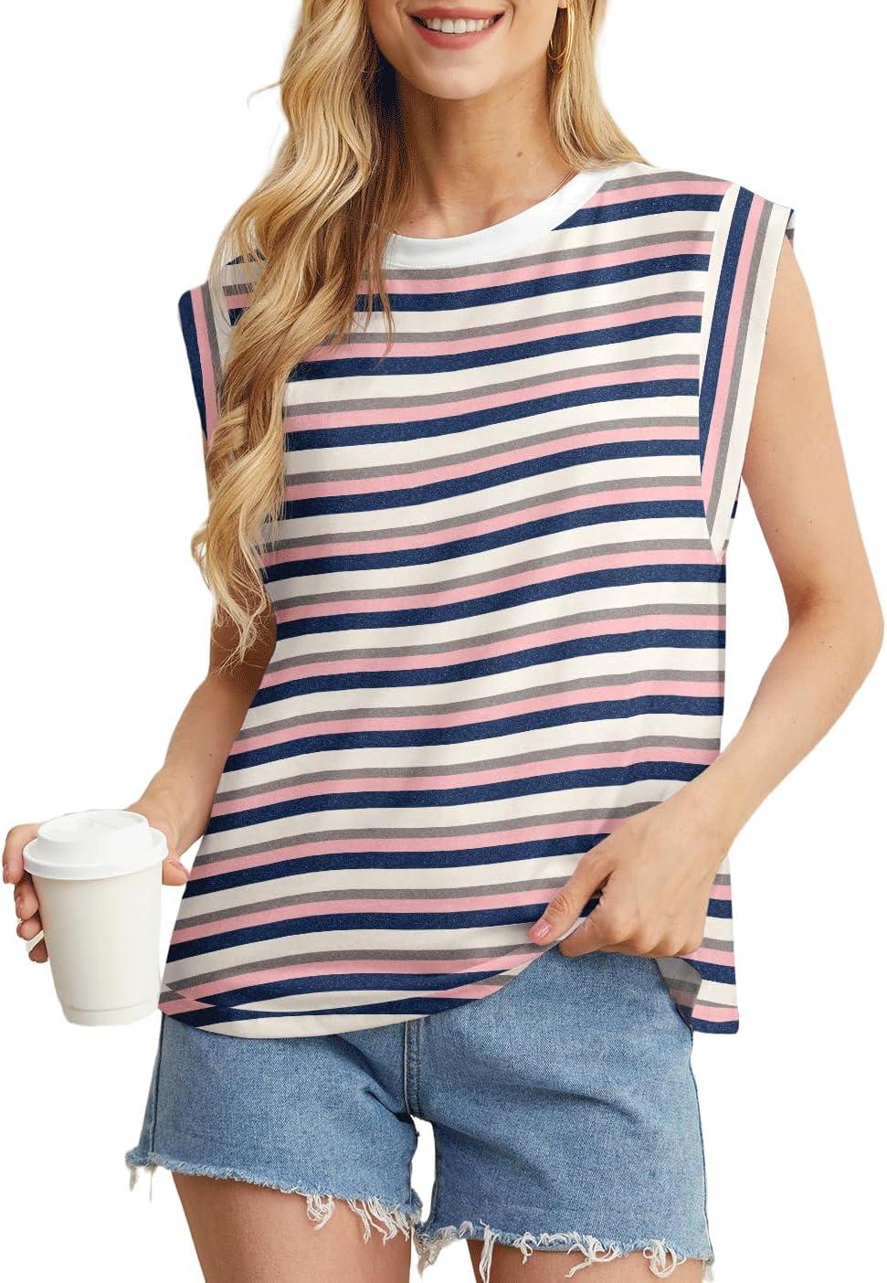 imageGRECERELLE Women 2026 Cap Sleeve Tops Summer Casual Tee Shirt Loose Crew Neck Basic Tank Trendy Work Vacation Outfits S2XLStripe Pink