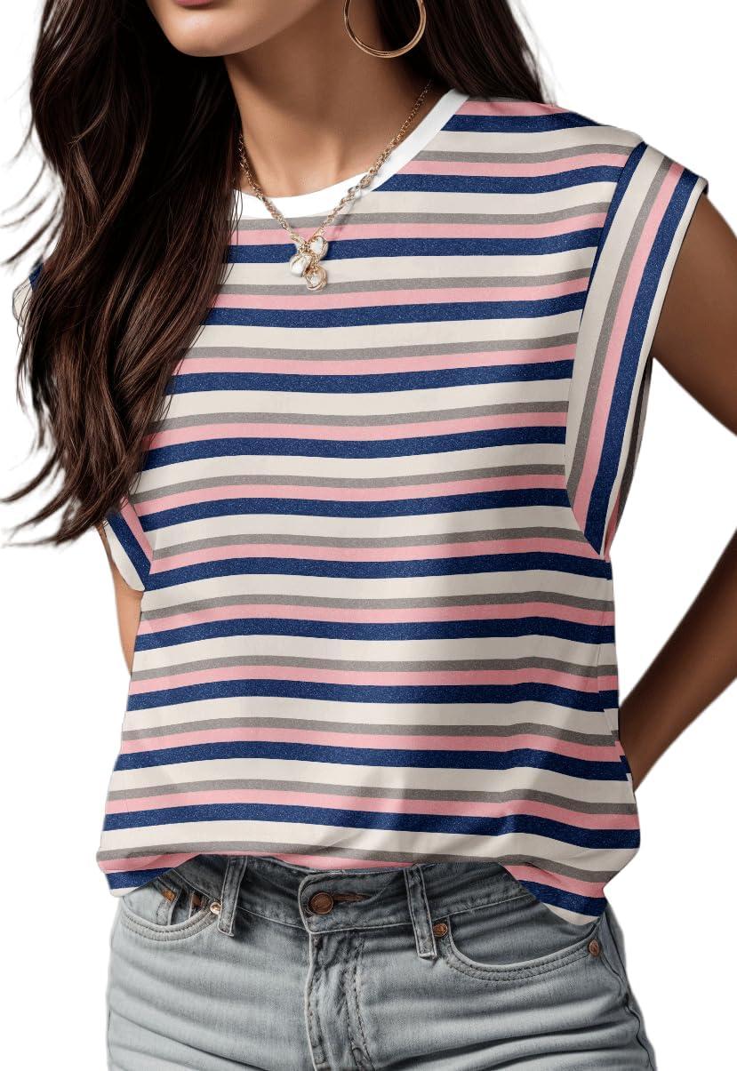 imageGRECERELLE Women 2026 Cap Sleeve Tops Summer Casual Tee Shirt Loose Crew Neck Basic Tank Trendy Work Vacation Outfits S2XLStripe Pink