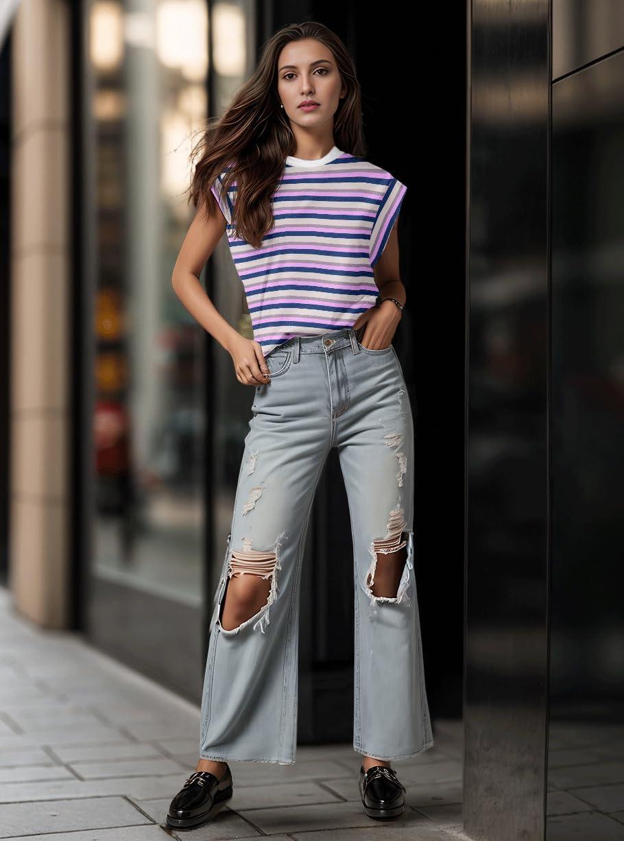 imageGRECERELLE Women 2026 Cap Sleeve Tops Summer Casual Tee Shirt Loose Crew Neck Basic Tank Trendy Work Vacation Outfits S2XLStripe Purple
