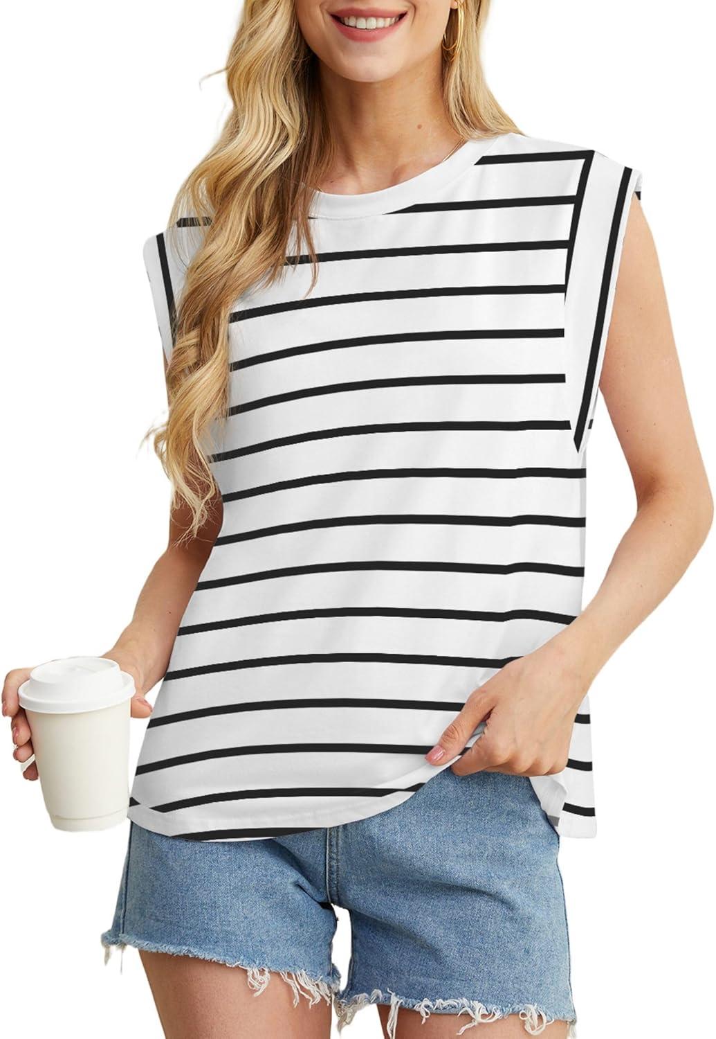 imageGRECERELLE Women 2026 Cap Sleeve Tops Summer Casual Tee Shirt Loose Crew Neck Basic Tank Trendy Work Vacation Outfits S2XLWhite Black Stripe