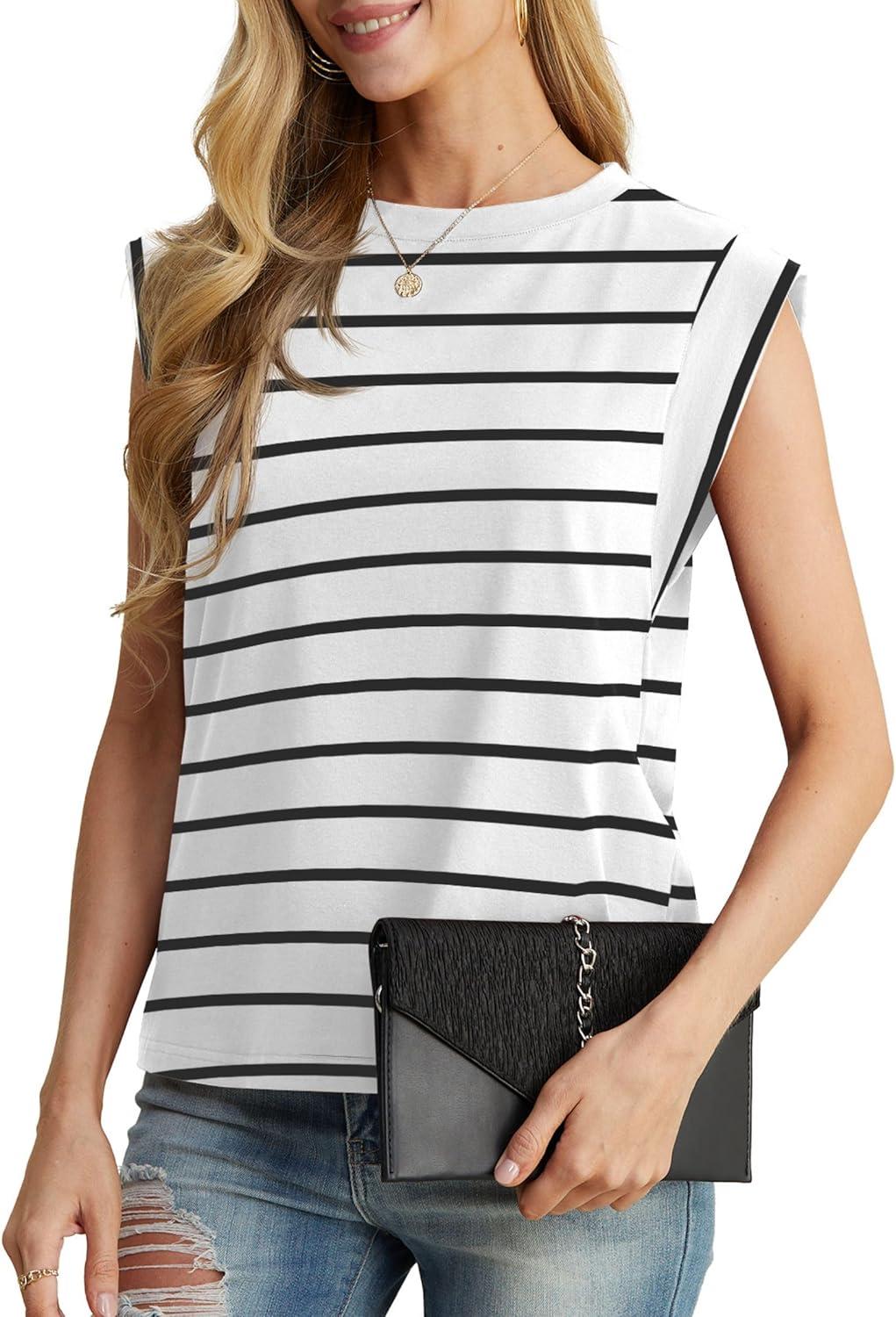 imageGRECERELLE Women 2026 Cap Sleeve Tops Summer Casual Tee Shirt Loose Crew Neck Basic Tank Trendy Work Vacation Outfits S2XLWhite Black Stripe
