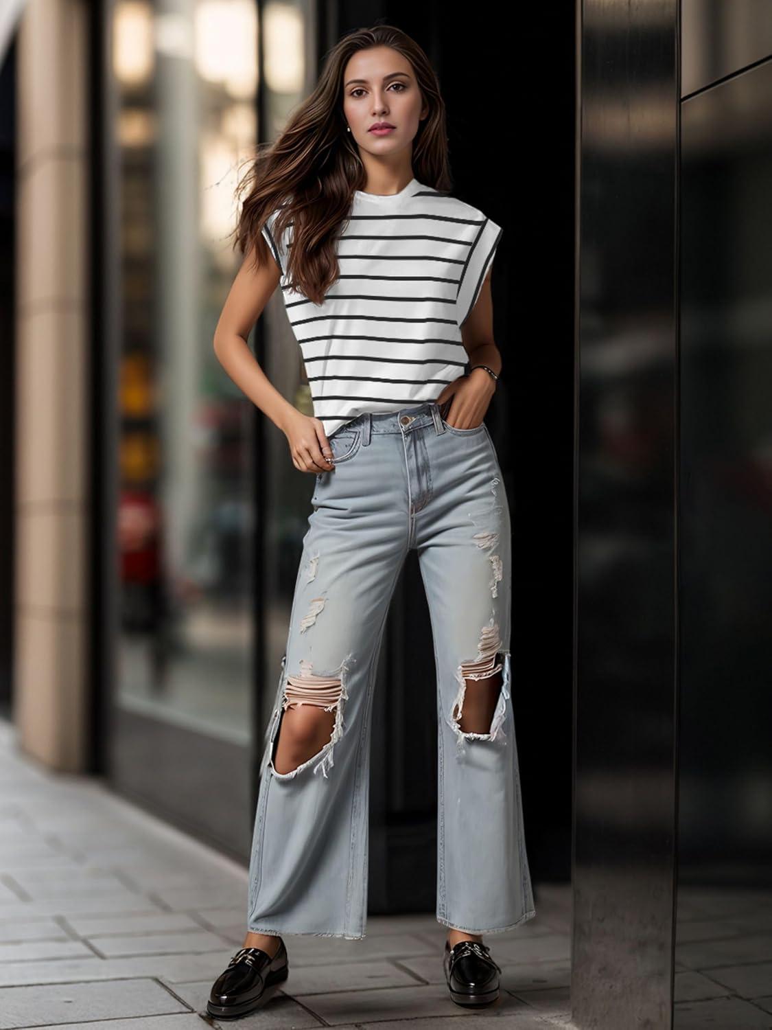imageGRECERELLE Women 2026 Cap Sleeve Tops Summer Casual Tee Shirt Loose Crew Neck Basic Tank Trendy Work Vacation Outfits S2XLWhite Black Stripe