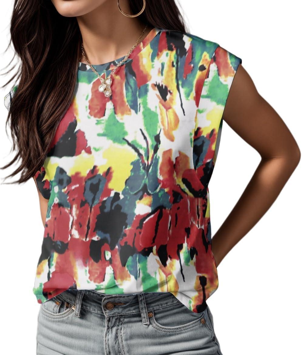 imageGRECERELLE Women 2026 Cap Sleeve Tops Summer Casual Tee Shirt Loose Crew Neck Basic Tank Trendy Work Vacation Outfits S2XLWhite Ink Red