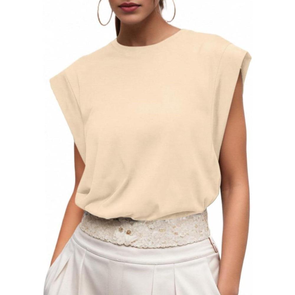 imageGRECERELLE Women 2026 Cap Sleeve Tops Summer Casual Tee Shirt Loose Crew Neck Basic Tank Trendy Work Vacation Outfits S2XLBeige