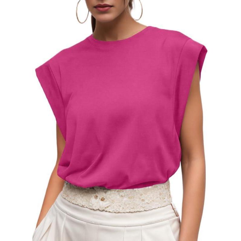 imageGRECERELLE Women 2026 Cap Sleeve Tops Summer Casual Tee Shirt Loose Crew Neck Basic Tank Trendy Work Vacation Outfits S2XLHot Pink