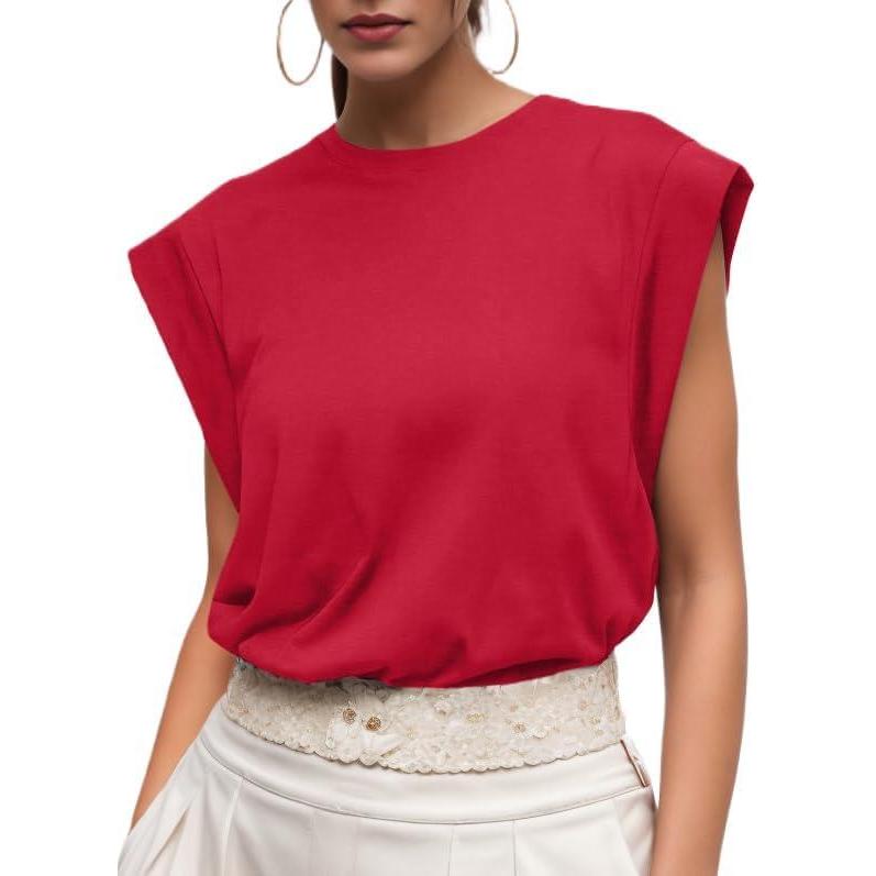 imageGRECERELLE Women 2026 Cap Sleeve Tops Summer Casual Tee Shirt Loose Crew Neck Basic Tank Trendy Work Vacation Outfits S2XLRed