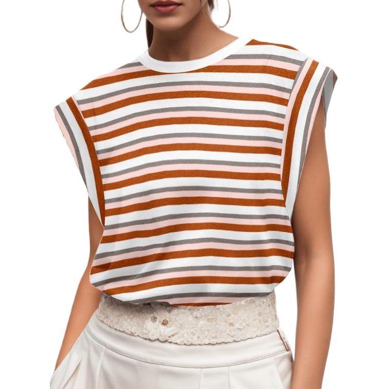 imageGRECERELLE Women 2026 Cap Sleeve Tops Summer Casual Tee Shirt Loose Crew Neck Basic Tank Trendy Work Vacation Outfits S2XLStripe Brown