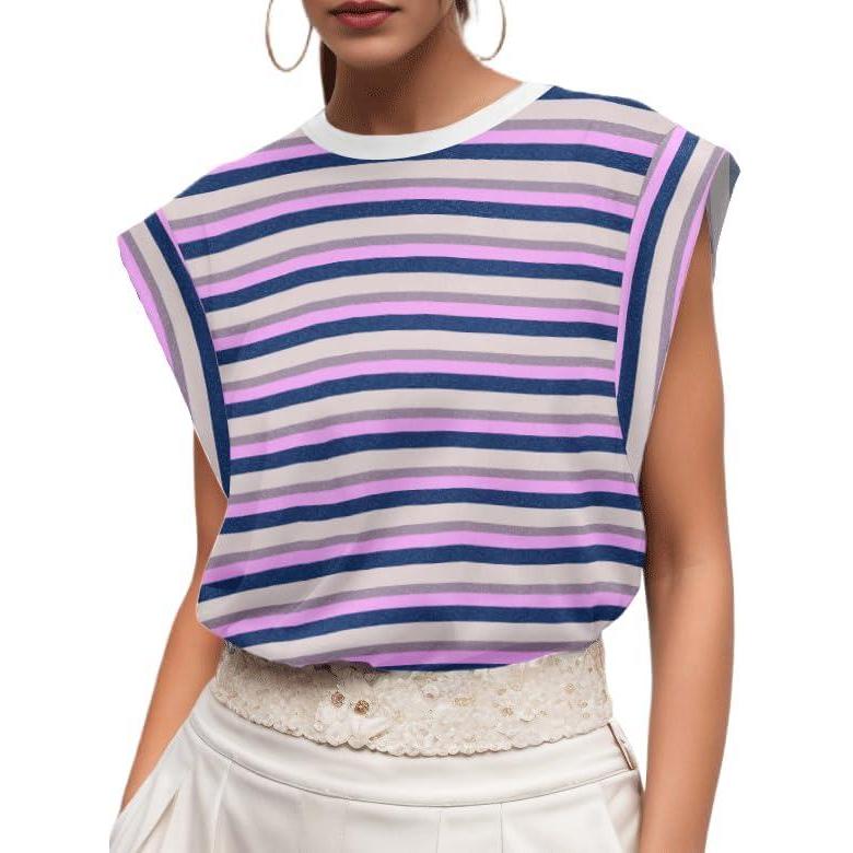 imageGRECERELLE Women 2026 Cap Sleeve Tops Summer Casual Tee Shirt Loose Crew Neck Basic Tank Trendy Work Vacation Outfits S2XLStripe Purple