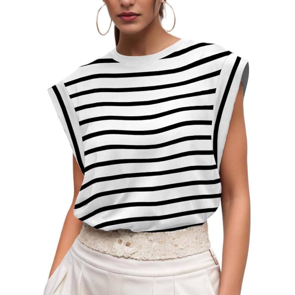 imageGRECERELLE Women 2026 Cap Sleeve Tops Summer Casual Tee Shirt Loose Crew Neck Basic Tank Trendy Work Vacation Outfits S2XLWhite Black Stripe