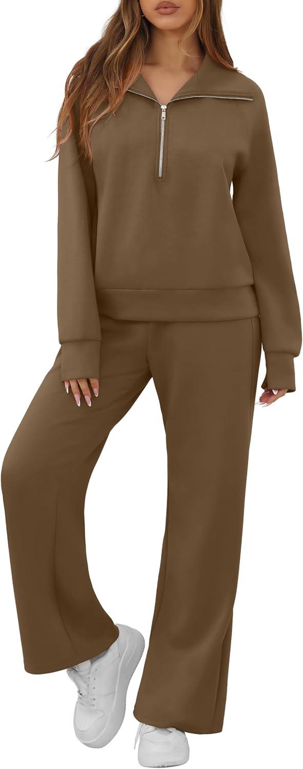 imageGRECERELLE Lounge Sets For Women 2026 Casual Lapel Half Zip Sweatshirt And Wide Leg Sweatpant 2 Piece Outfits Tracksuit SetsBrown