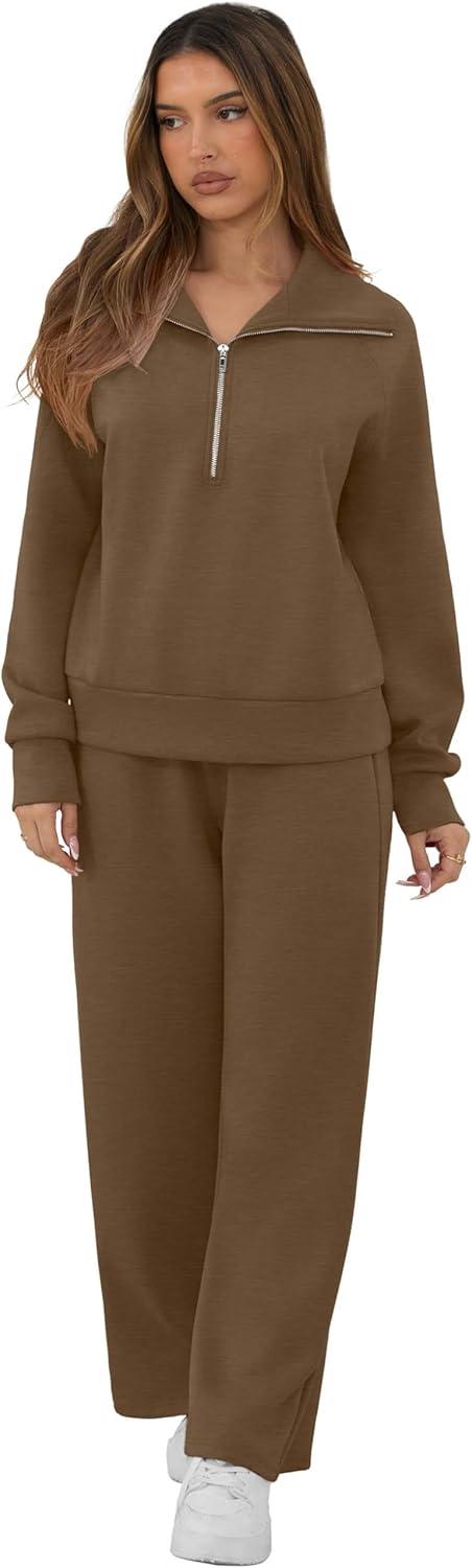 imageGRECERELLE Lounge Sets For Women 2026 Casual Lapel Half Zip Sweatshirt And Wide Leg Sweatpant 2 Piece Outfits Tracksuit SetsBrown