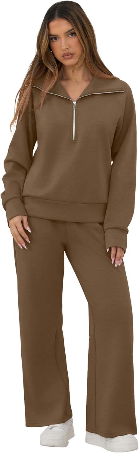 imageGRECERELLE Lounge Sets For Women 2026 Casual Lapel Half Zip Sweatshirt And Wide Leg Sweatpant 2 Piece Outfits Tracksuit SetsBrown