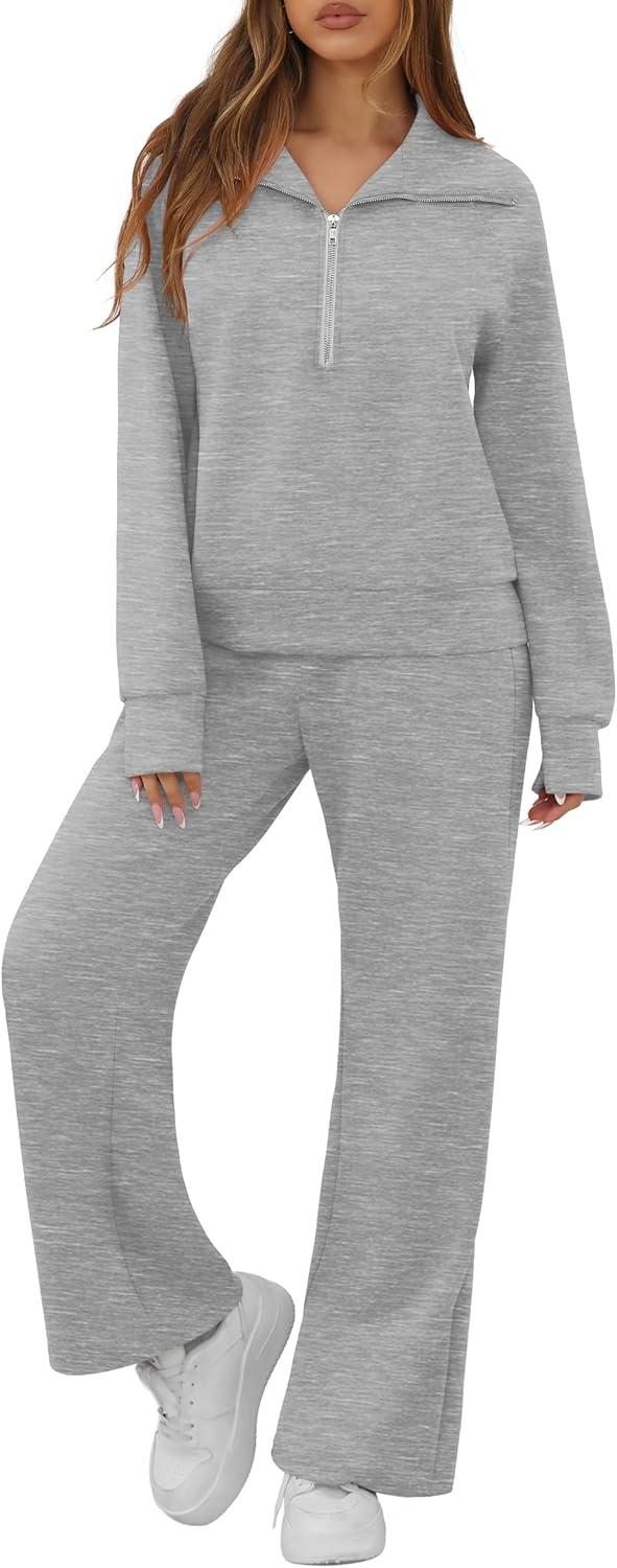imageGRECERELLE Lounge Sets For Women 2026 Casual Lapel Half Zip Sweatshirt And Wide Leg Sweatpant 2 Piece Outfits Tracksuit SetsDark Grey