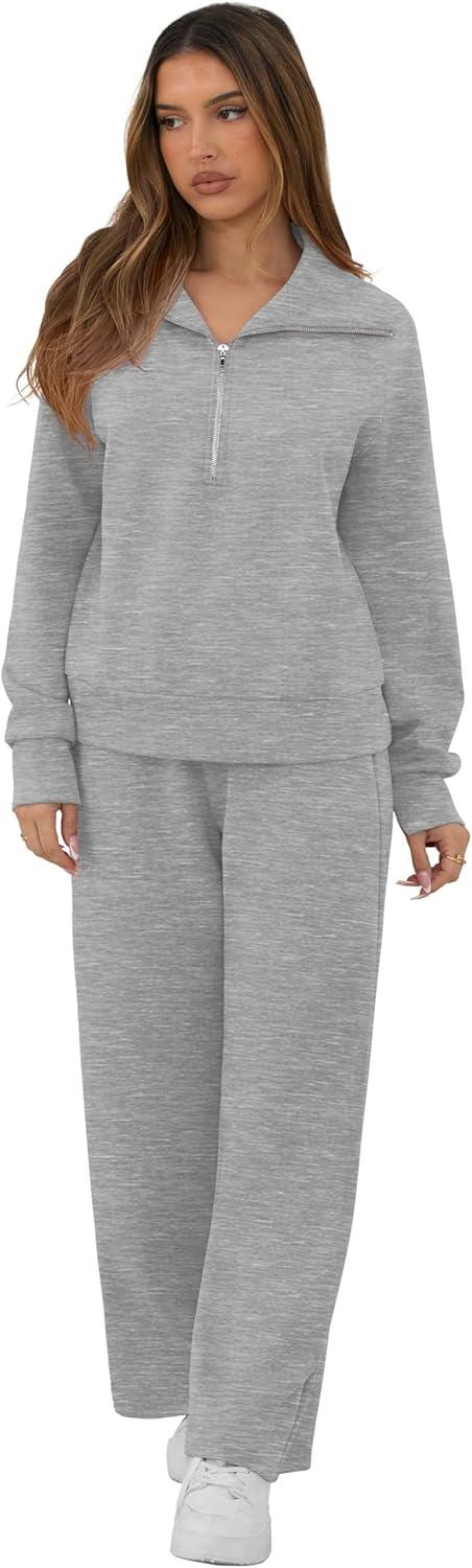 imageGRECERELLE Lounge Sets For Women 2026 Casual Lapel Half Zip Sweatshirt And Wide Leg Sweatpant 2 Piece Outfits Tracksuit SetsDark Grey