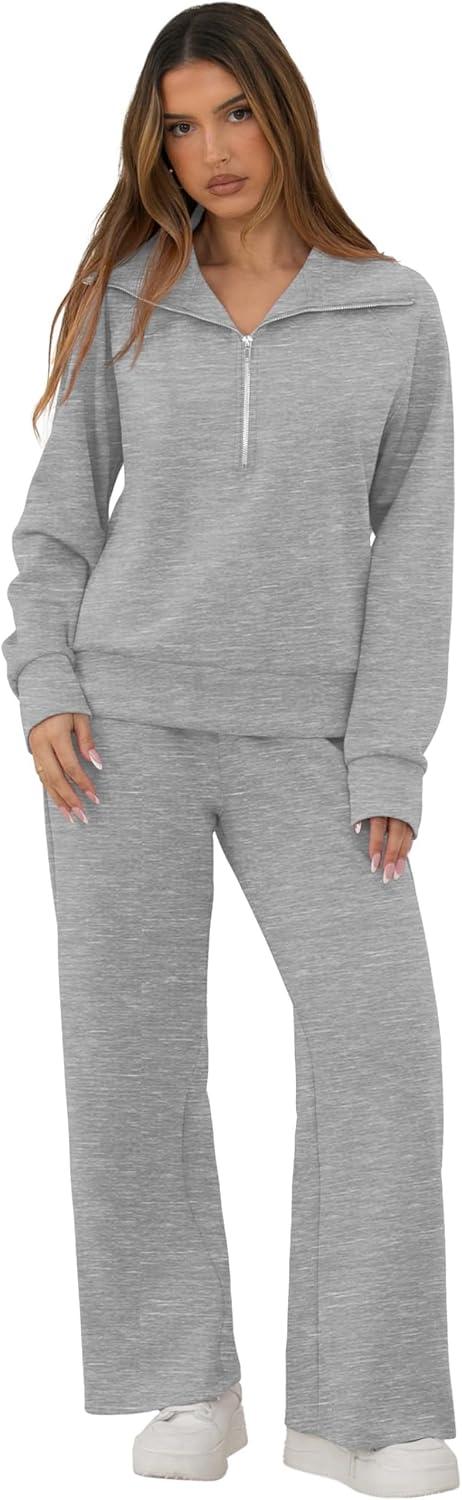imageGRECERELLE Lounge Sets For Women 2026 Casual Lapel Half Zip Sweatshirt And Wide Leg Sweatpant 2 Piece Outfits Tracksuit SetsDark Grey