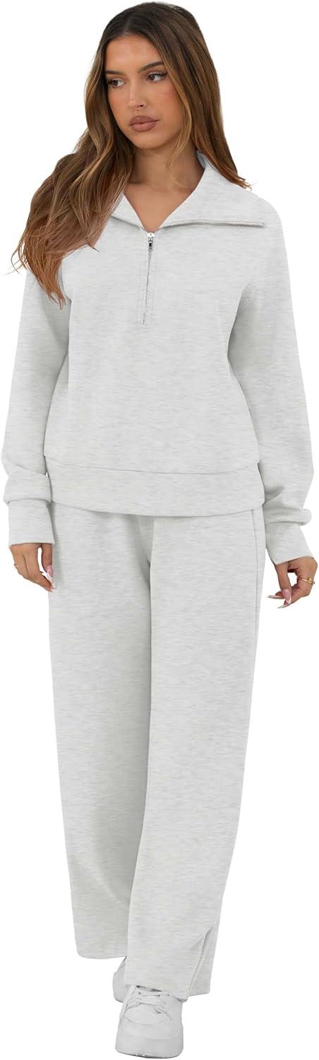 imageGRECERELLE Lounge Sets For Women 2026 Casual Lapel Half Zip Sweatshirt And Wide Leg Sweatpant 2 Piece Outfits Tracksuit SetsHeather Grey