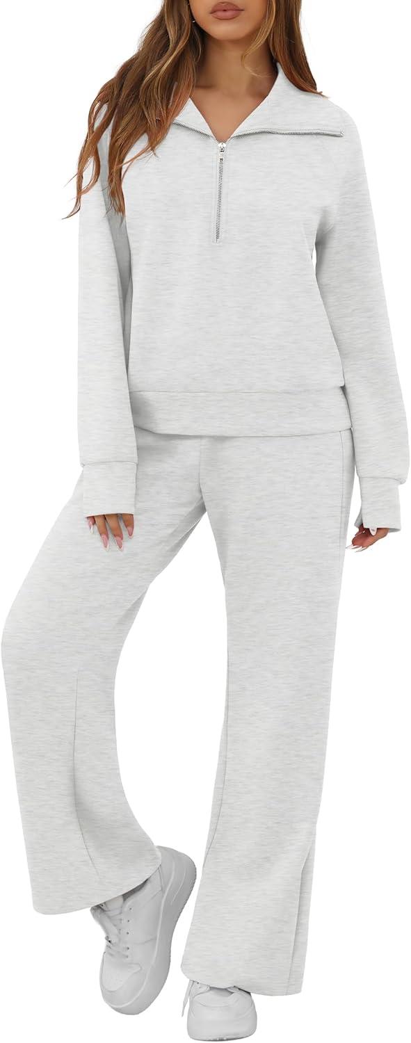 imageGRECERELLE Lounge Sets For Women 2026 Casual Lapel Half Zip Sweatshirt And Wide Leg Sweatpant 2 Piece Outfits Tracksuit SetsHeather Grey