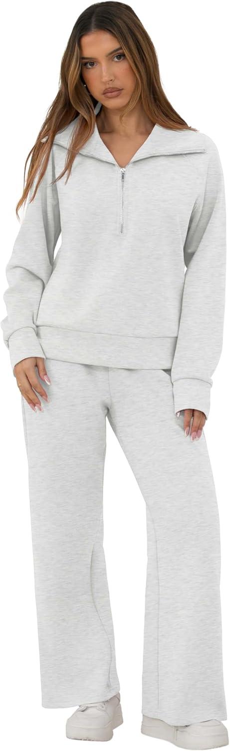 imageGRECERELLE Lounge Sets For Women 2026 Casual Lapel Half Zip Sweatshirt And Wide Leg Sweatpant 2 Piece Outfits Tracksuit SetsHeather Grey