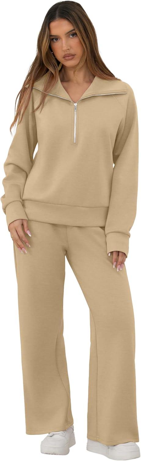 imageGRECERELLE Lounge Sets For Women 2026 Casual Lapel Half Zip Sweatshirt And Wide Leg Sweatpant 2 Piece Outfits Tracksuit SetsLight Khaki