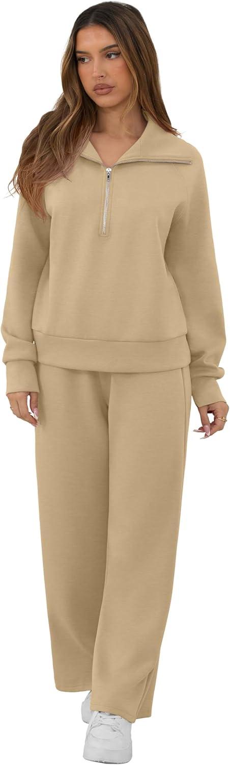 imageGRECERELLE Lounge Sets For Women 2026 Casual Lapel Half Zip Sweatshirt And Wide Leg Sweatpant 2 Piece Outfits Tracksuit SetsLight Khaki