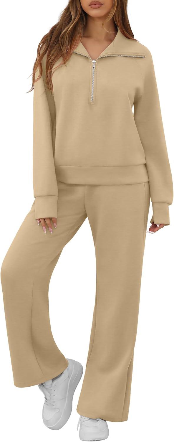 imageGRECERELLE Lounge Sets For Women 2026 Casual Lapel Half Zip Sweatshirt And Wide Leg Sweatpant 2 Piece Outfits Tracksuit SetsLight Khaki