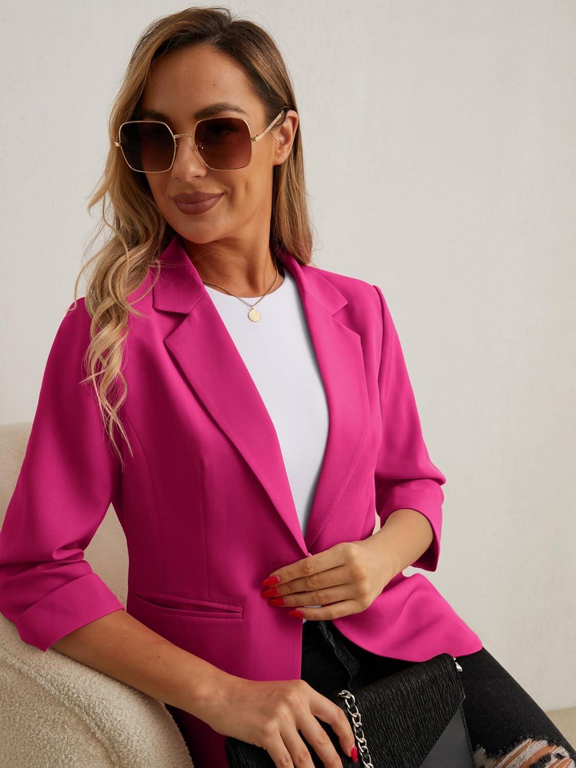 imageGRECERELLE Womens Blazers Lightweight 34 Sleeve Lapel Open Front Casual Suit Jacket Work Blazer with PocketsHot Pink