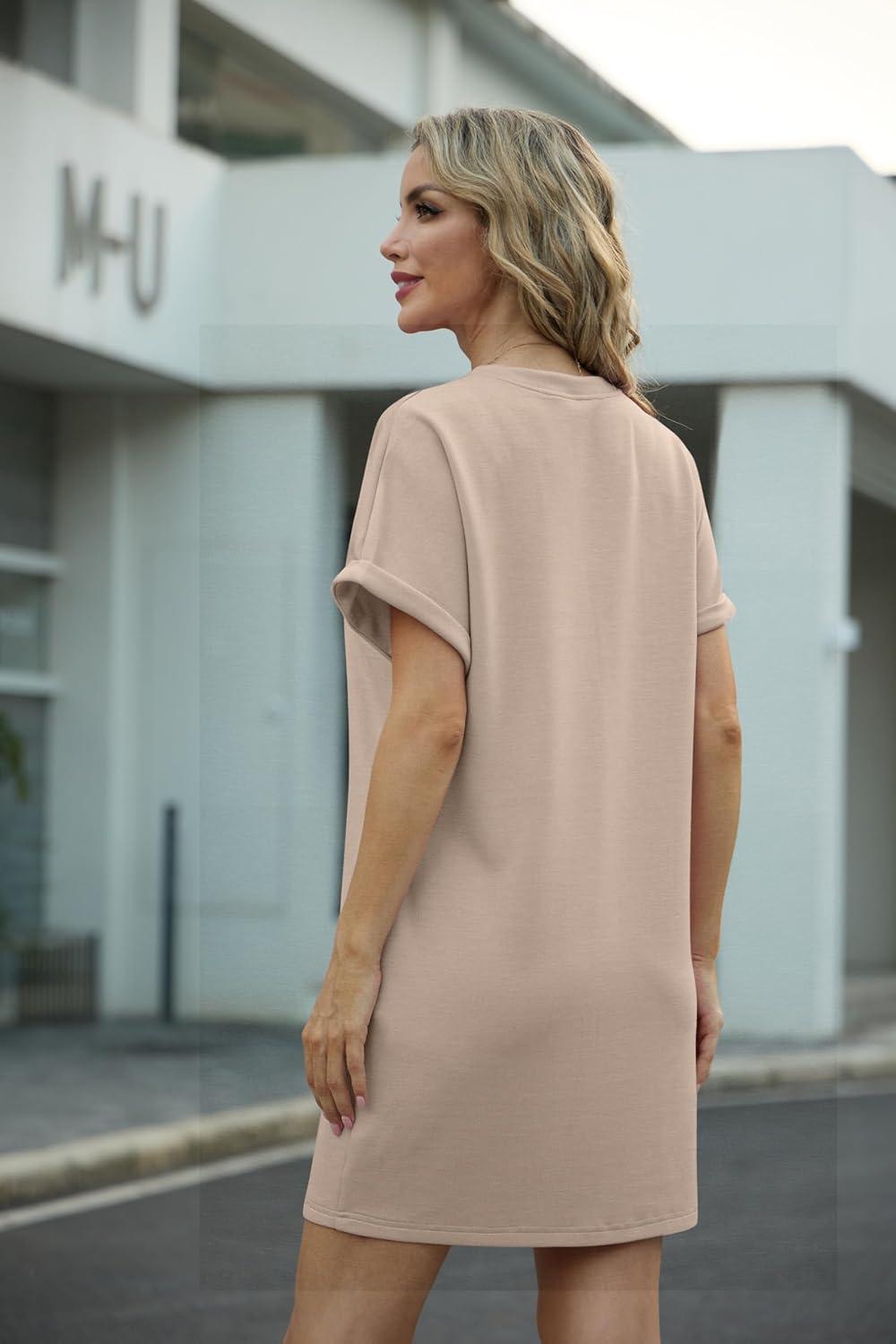 imageGRECERELLE Womens Casual TShirt Dress with Pockets Short Sleeve Shift Dresses WrinkleResistant Above Knee LengthKhaki