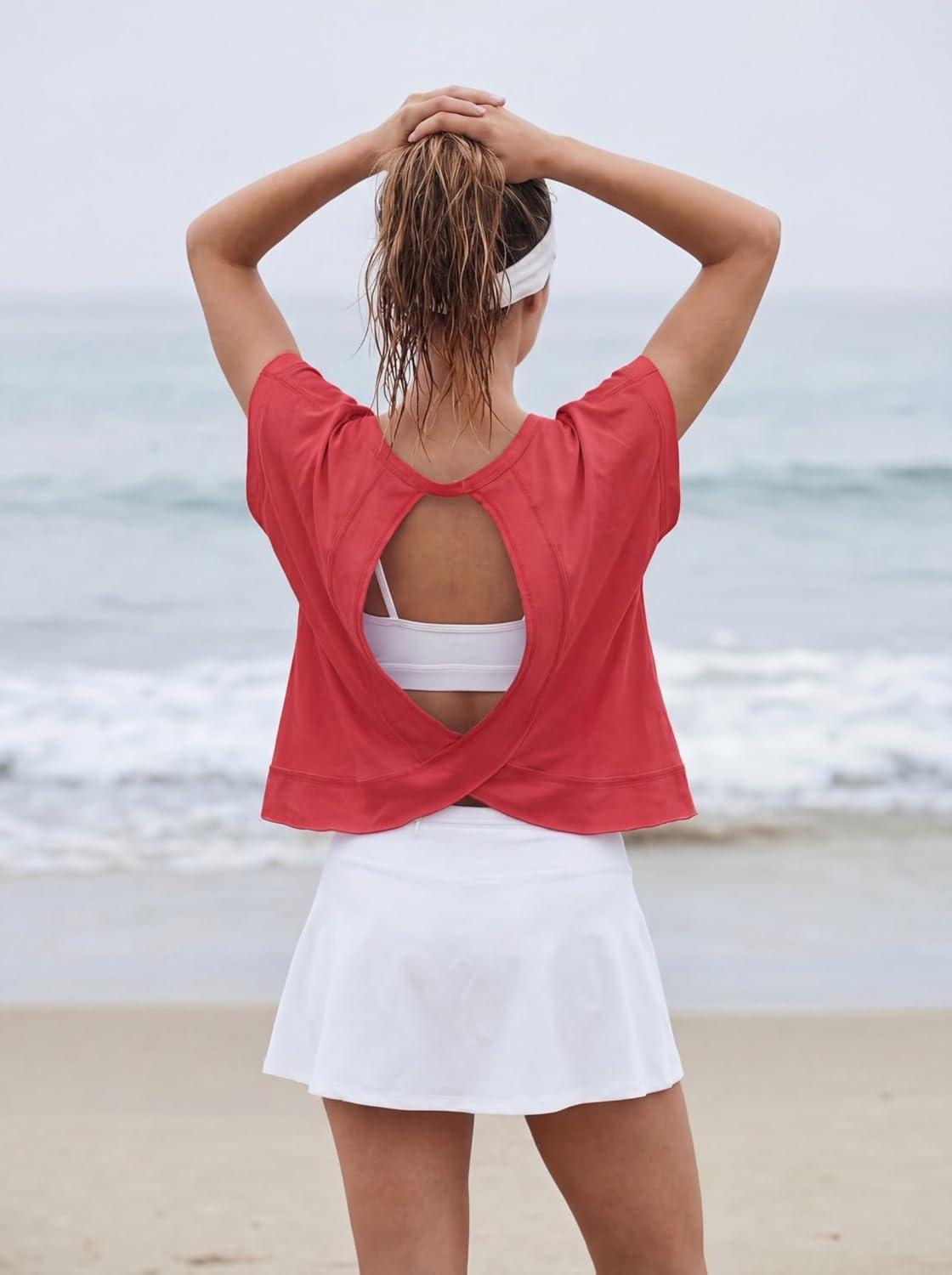 imageGRECERELLE Womens Open Back Workout Tops Backless Athletic Shirts Casual Crop Running Tee Y2k YogaRed