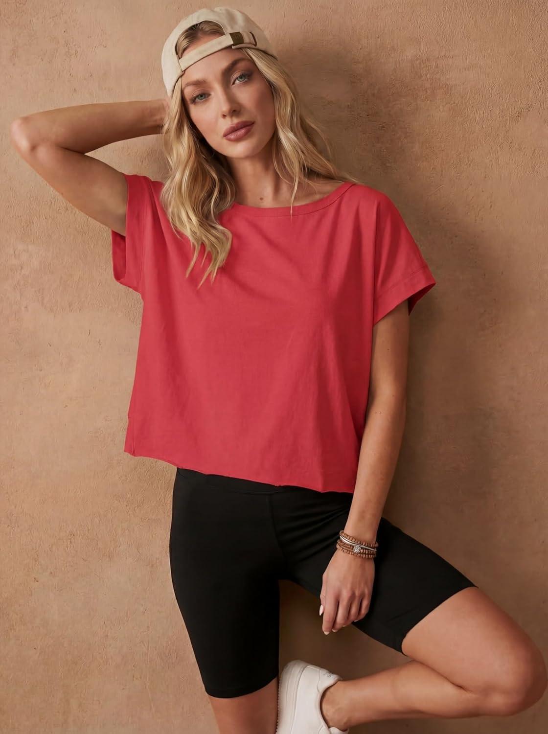 imageGRECERELLE Womens Open Back Workout Tops Backless Athletic Shirts Casual Crop Running Tee Y2k YogaRed