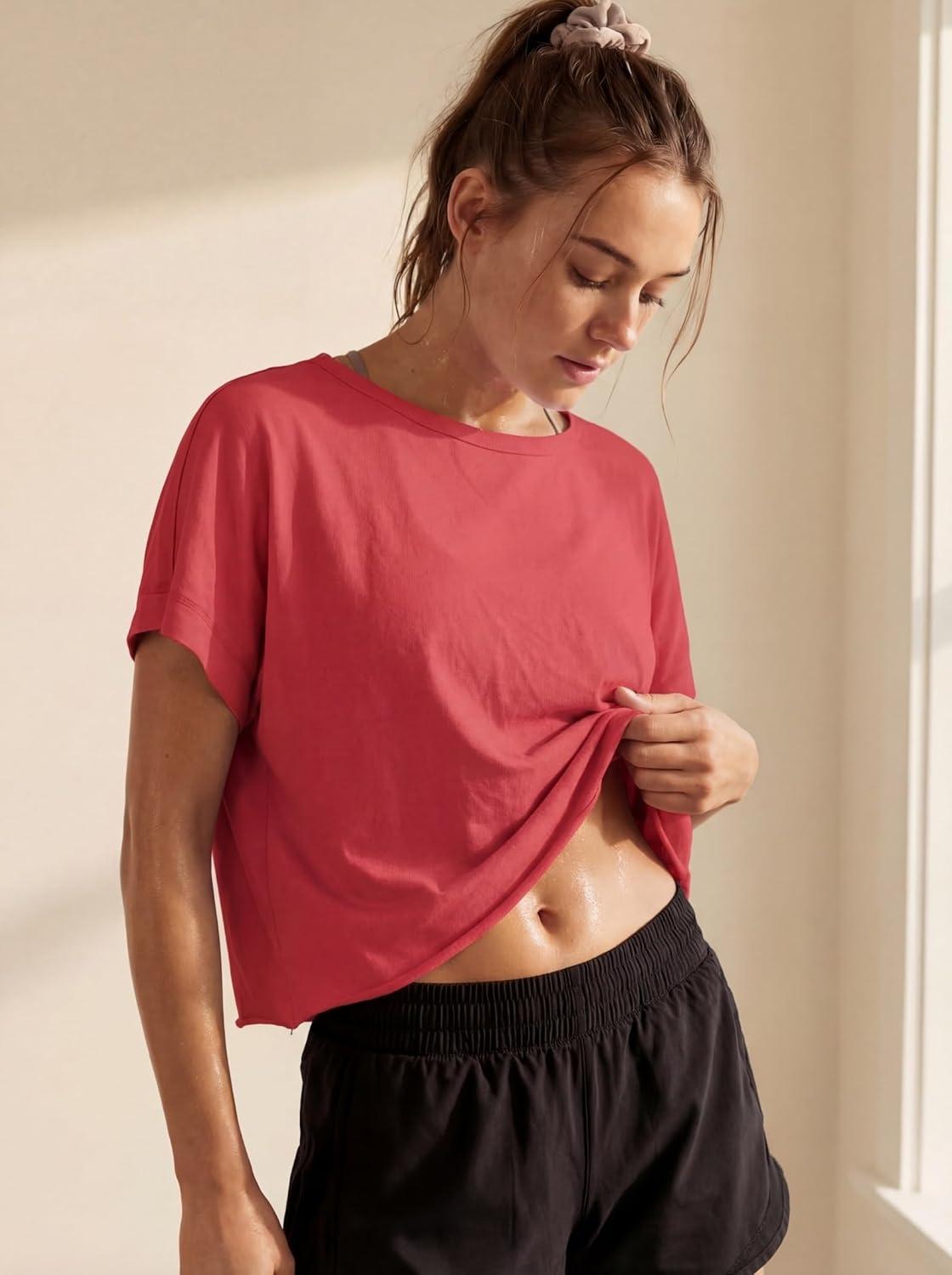 imageGRECERELLE Womens Open Back Workout Tops Backless Athletic Shirts Casual Crop Running Tee Y2k YogaRed