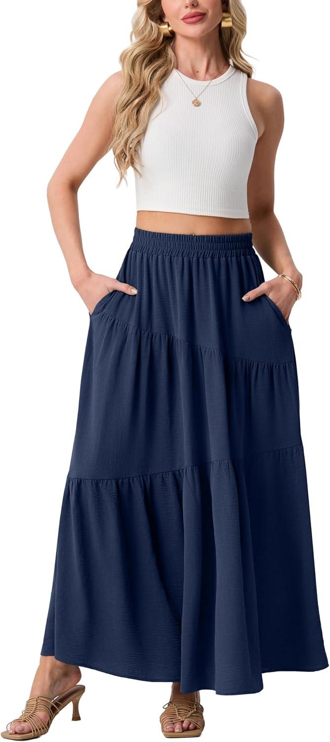 imageGRECERELLE Womens Boho Maxi Skirt Elastic High Waist Tiered ALine Casual Summer Flowy Asymmetric Long Skirts with PocketsNavy Blue