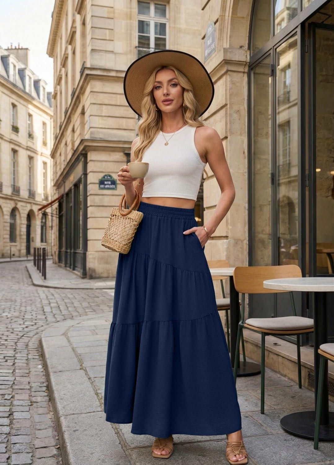 imageGRECERELLE Womens Boho Maxi Skirt Elastic High Waist Tiered ALine Casual Summer Flowy Asymmetric Long Skirts with PocketsNavy Blue