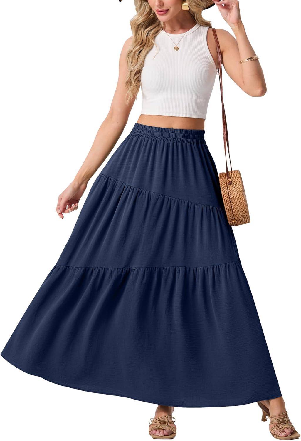 imageGRECERELLE Womens Boho Maxi Skirt Elastic High Waist Tiered ALine Casual Summer Flowy Asymmetric Long Skirts with PocketsNavy Blue