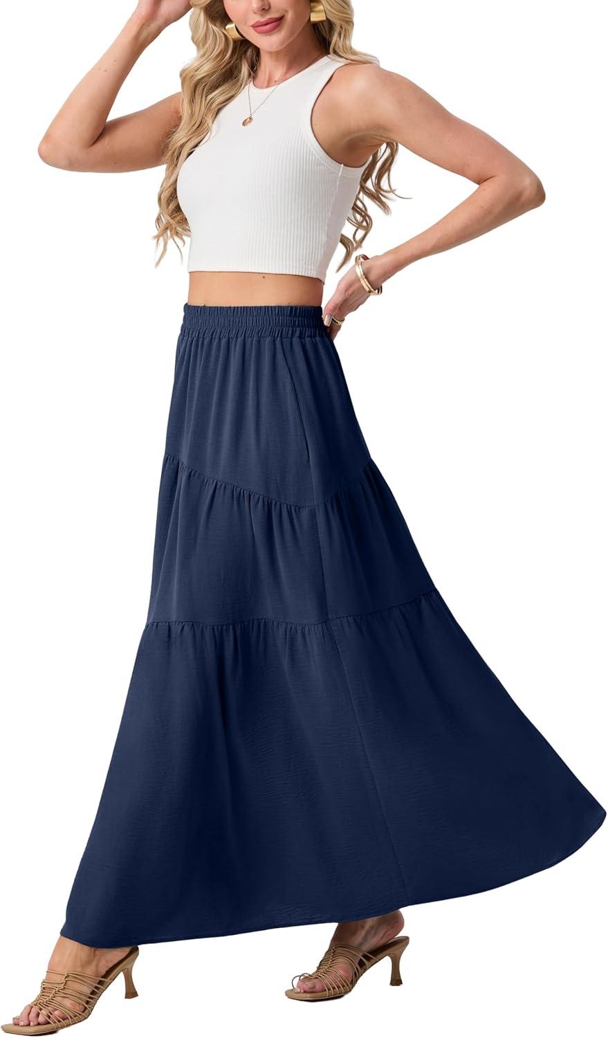 imageGRECERELLE Womens Boho Maxi Skirt Elastic High Waist Tiered ALine Casual Summer Flowy Asymmetric Long Skirts with PocketsNavy Blue