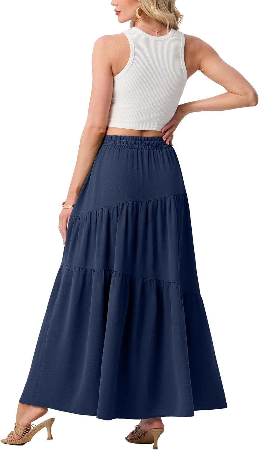 imageGRECERELLE Womens Boho Maxi Skirt Elastic High Waist Tiered ALine Casual Summer Flowy Asymmetric Long Skirts with PocketsNavy Blue