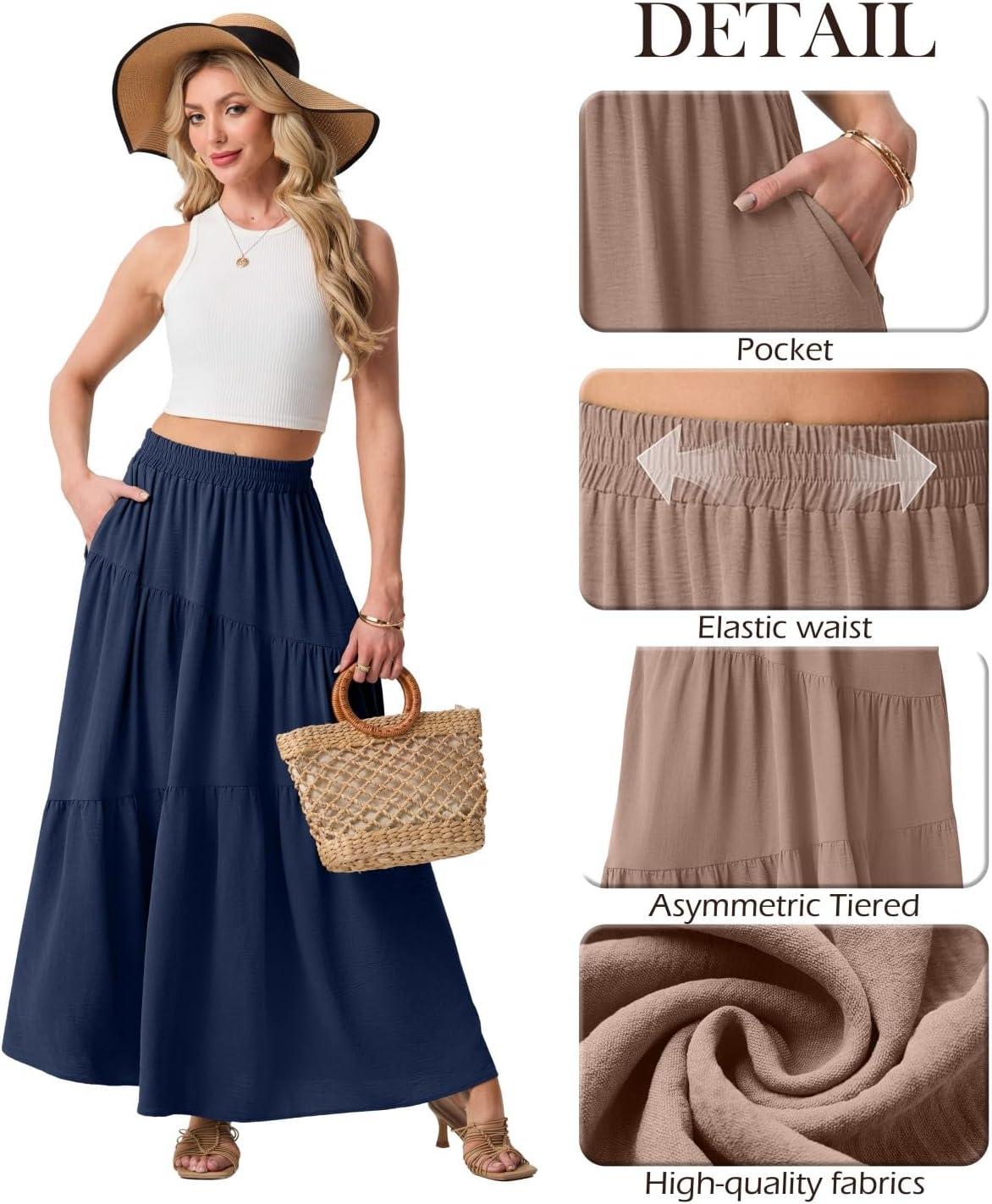 imageGRECERELLE Womens Boho Maxi Skirt Elastic High Waist Tiered ALine Casual Summer Flowy Asymmetric Long Skirts with PocketsNavy Blue