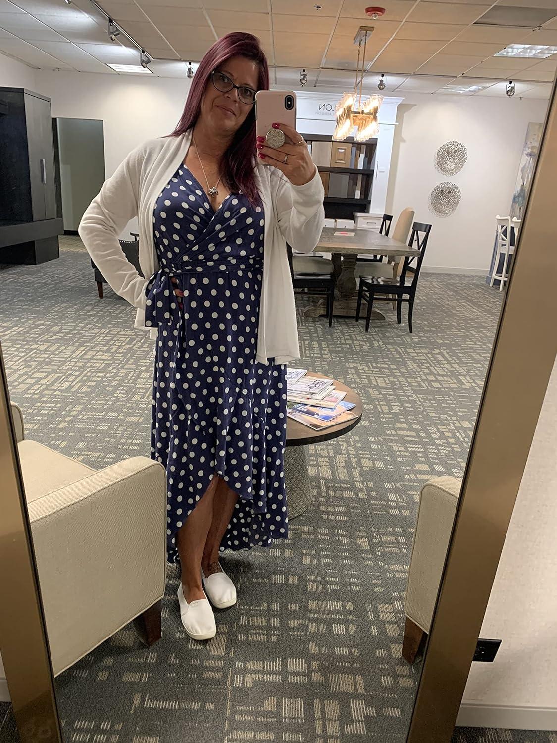 imageGRECERELLE 2026 Womens Spring Summer Boho Floral Print VNeck Faux Wrap Maxi Dress for Wedding Guest Graduation Party01 Polka Dotsnavy Blue